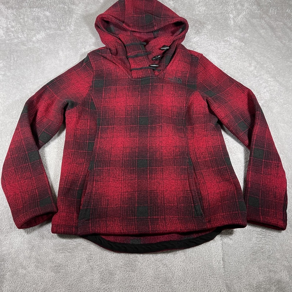 The North Face Crescent Pullover Womens Large Red Ombre Plaid Hooded Fleece